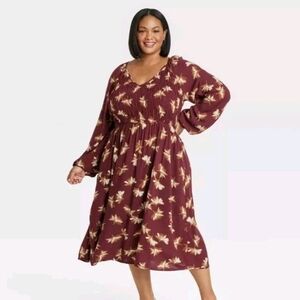 Ava & Viv Burgundy Floral Long Sleeve Dress
